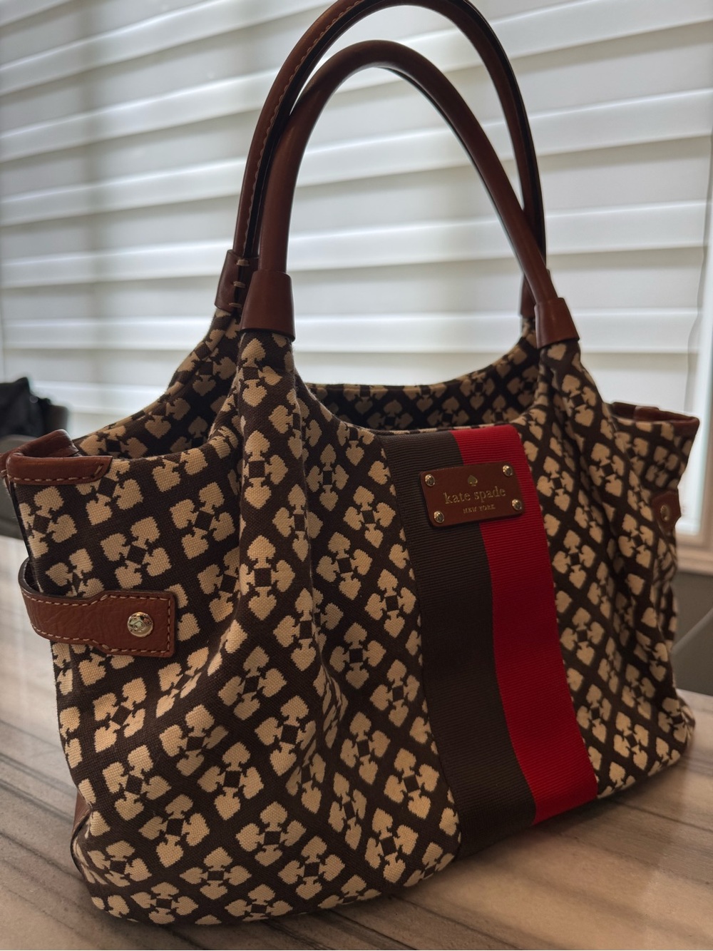 kate spade Brown & Cream Patterned Stevie  Canvas Tote with Red Center Stripe